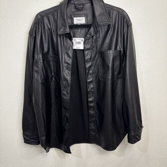 American Eagle Oversized Vegan Leather Shacket Black Long Sleeve Size Medium - Picture 1 of 6